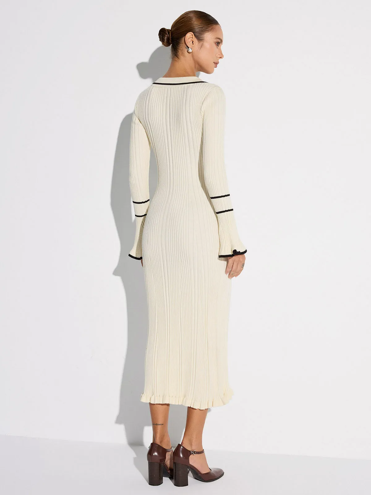 Contrast Trim Buttoned Ribbed Sweater Dress sold by COMMENSE product image thumbnail 4