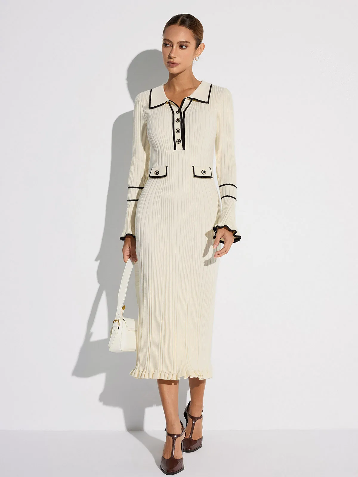 Contrast Trim Buttoned Ribbed Sweater Dress sold by COMMENSE