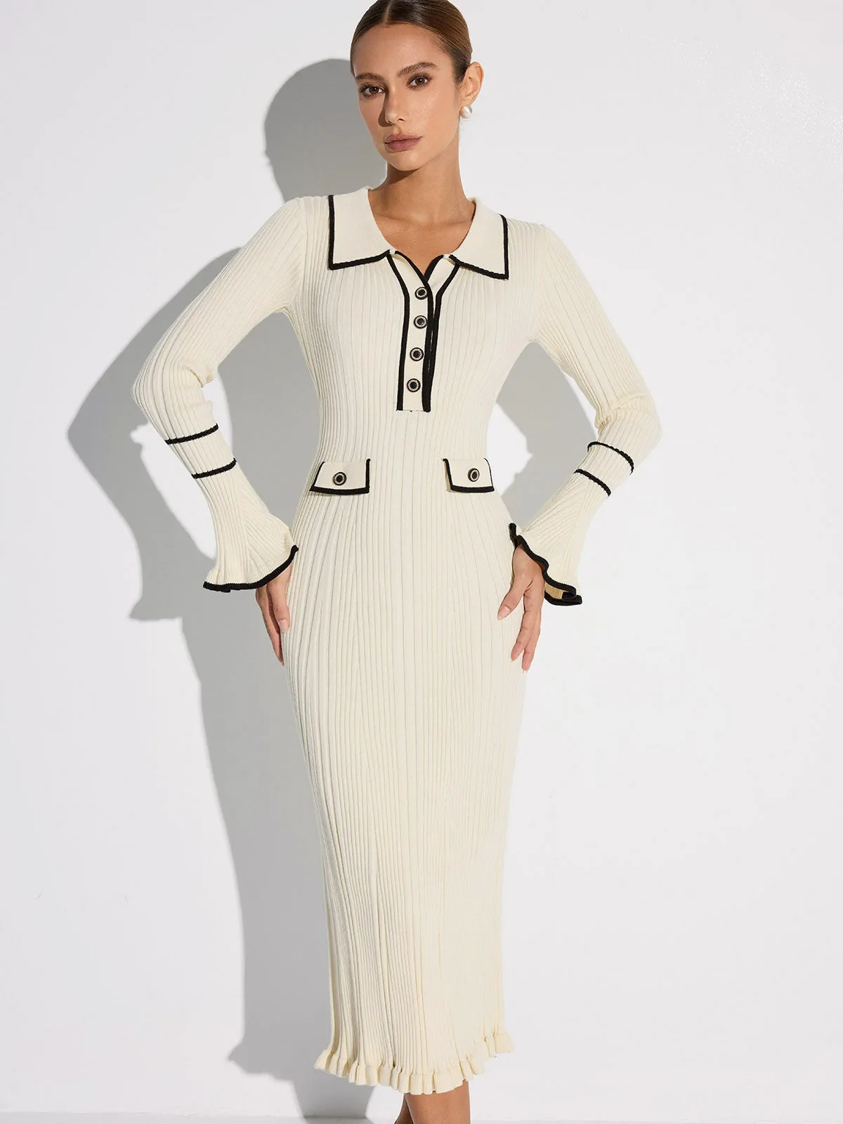 Contrast Trim Buttoned Ribbed Sweater Dress sold by COMMENSE product image thumbnail 2