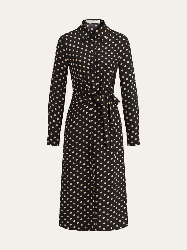 Polka Dot Shirt Collar Belted Long Sleeve Dress sold by COMMENSE