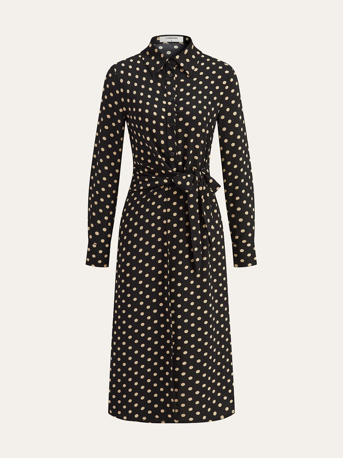 Polka Dot Shirt Collar Belted Long Sleeve Dress sold by COMMENSE