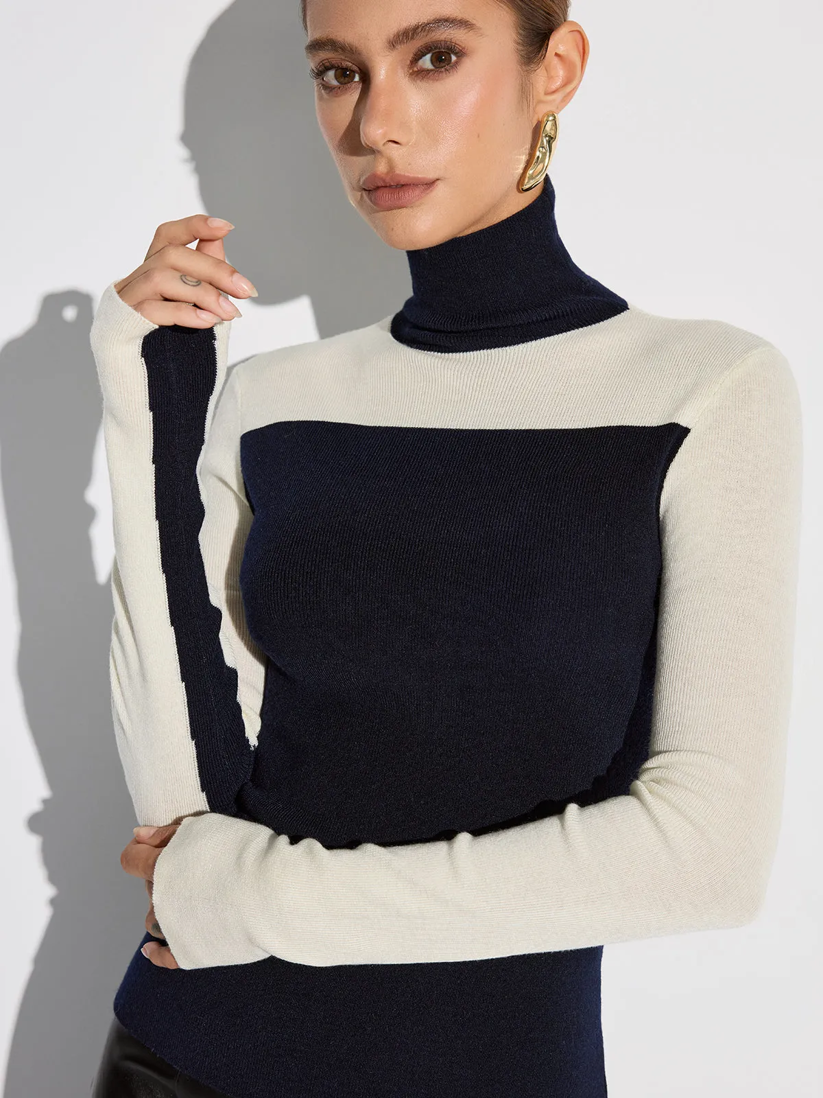 Turtleneck Two-Tone Wool Blend Knit Top sold by COMMENSE product image thumbnail 4