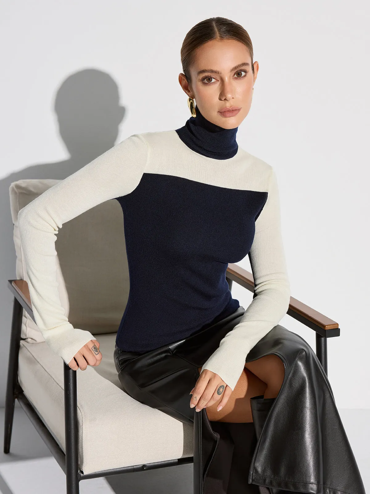 Turtleneck Two-Tone Wool Blend Knit Top sold by COMMENSE