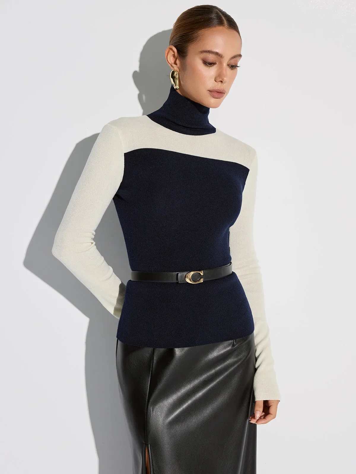 Turtleneck Two-Tone Wool Blend Knit Top sold by COMMENSE product image thumbnail 2