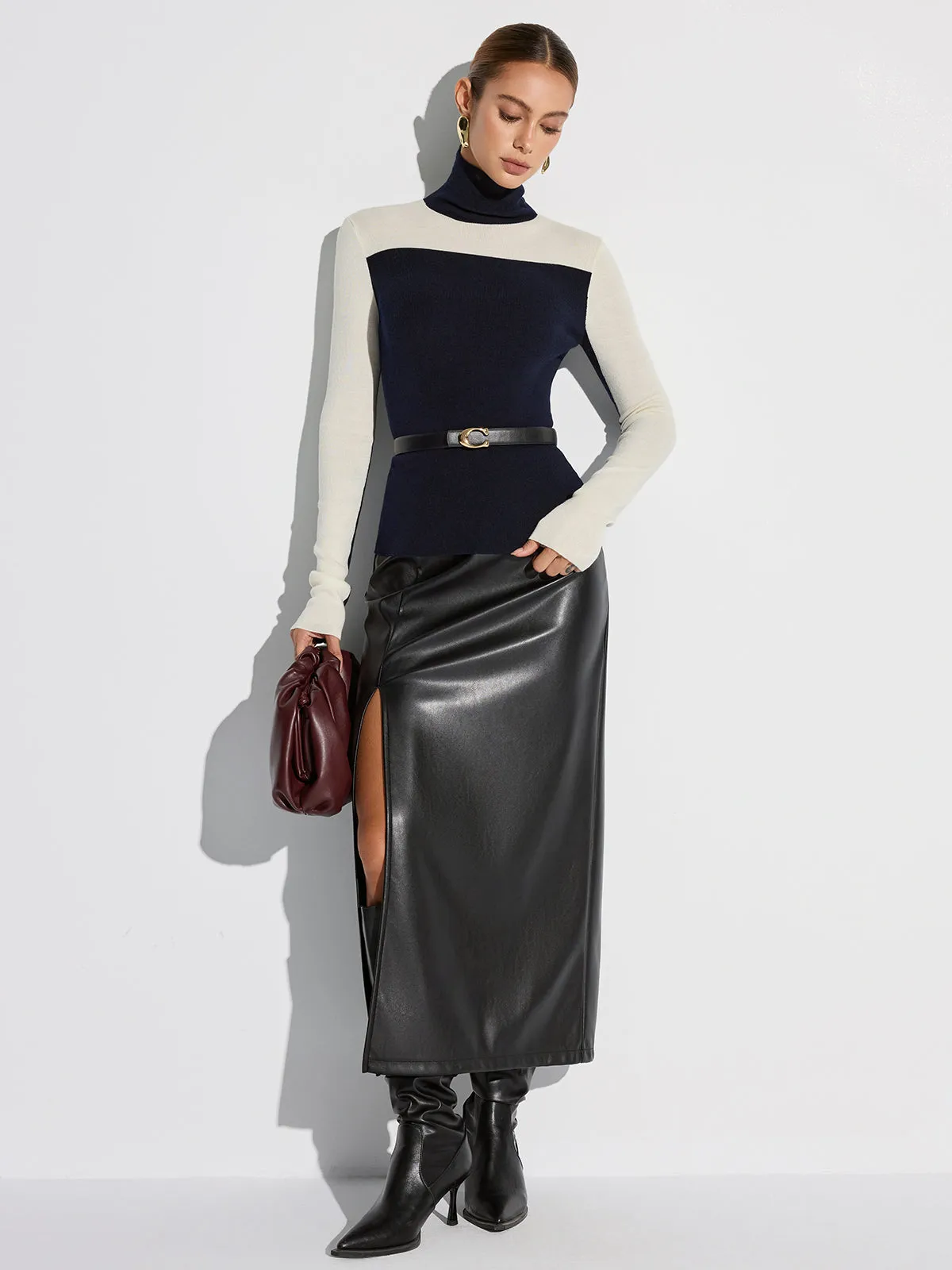 Turtleneck Two-Tone Wool Blend Knit Top sold by COMMENSE product image thumbnail 3