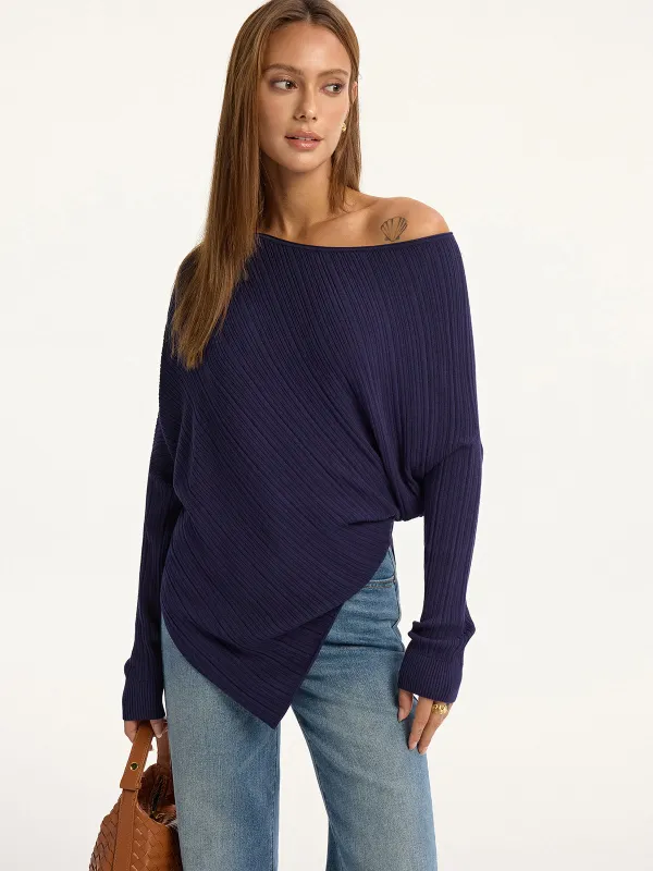 Textured Off-Shoulder Asymmetric Sweater sold by COMMENSE