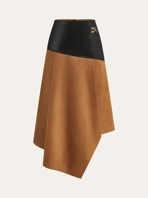 Faux Leather Paneled Suede Asymmetric Midi Skirt sold by COMMENSE