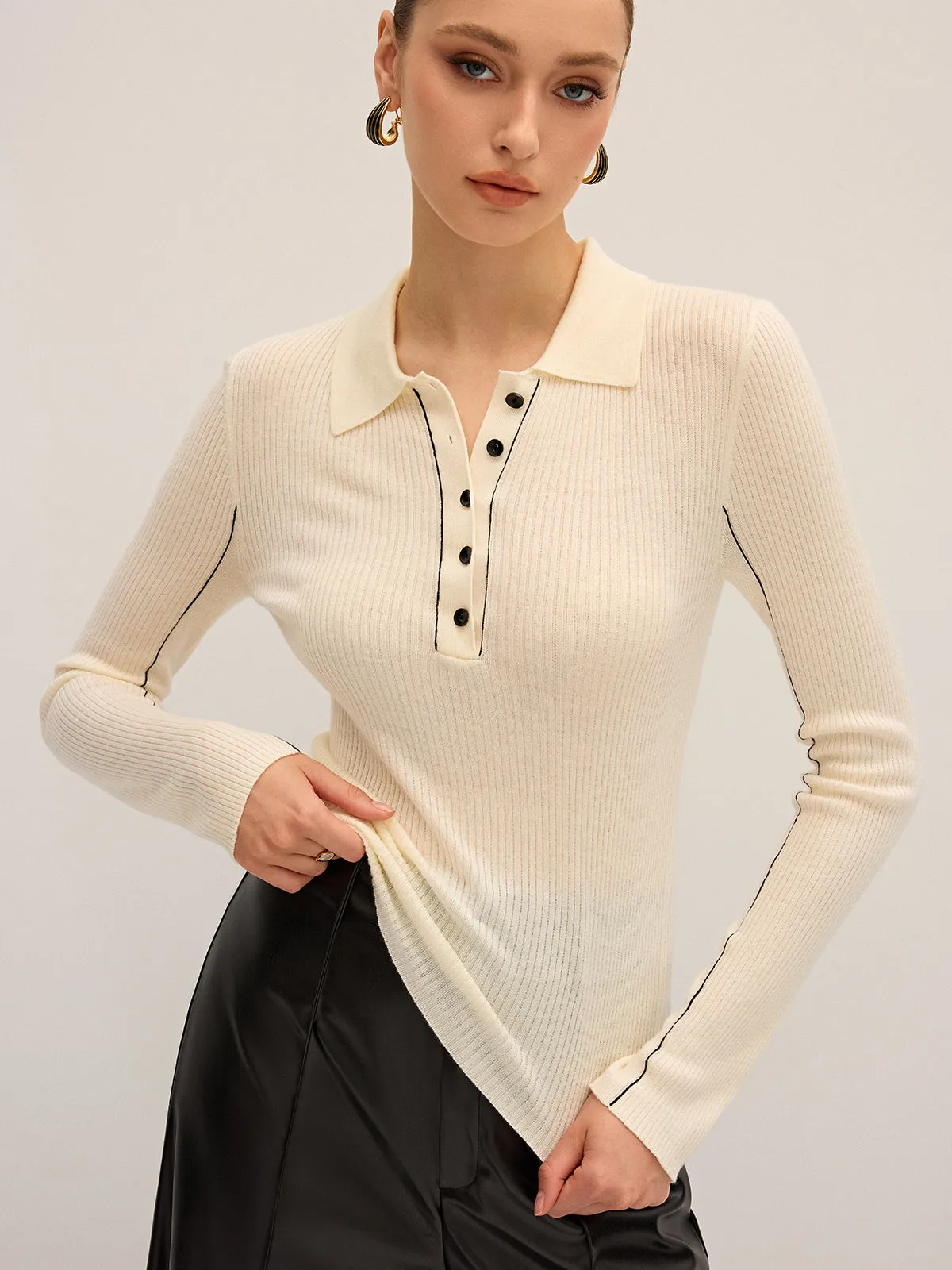 Wool Blend Ribbed Polo Knit Top sold by COMMENSE