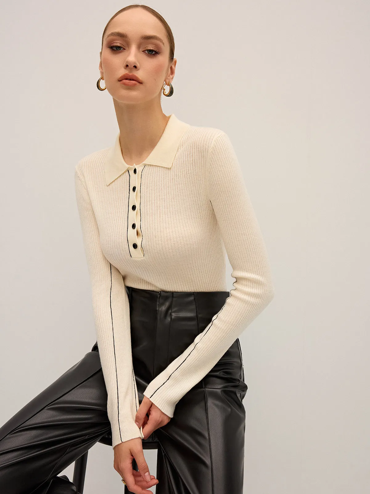 Wool Blend Ribbed Polo Knit Top sold by COMMENSE product image thumbnail 2