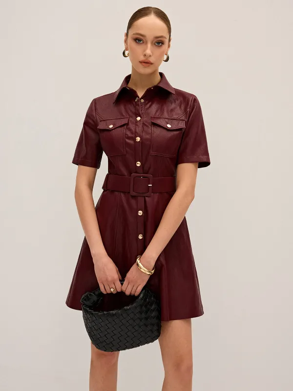 Shirt Collar Belted PU Leather Mini Dress made by COMMENSE