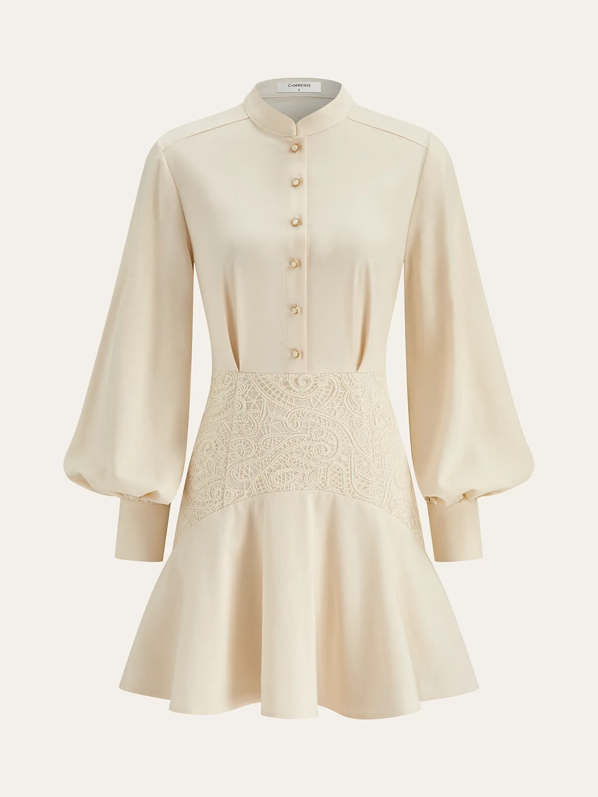 Stand Collar Button Lace Waist Dress sold by COMMENSE