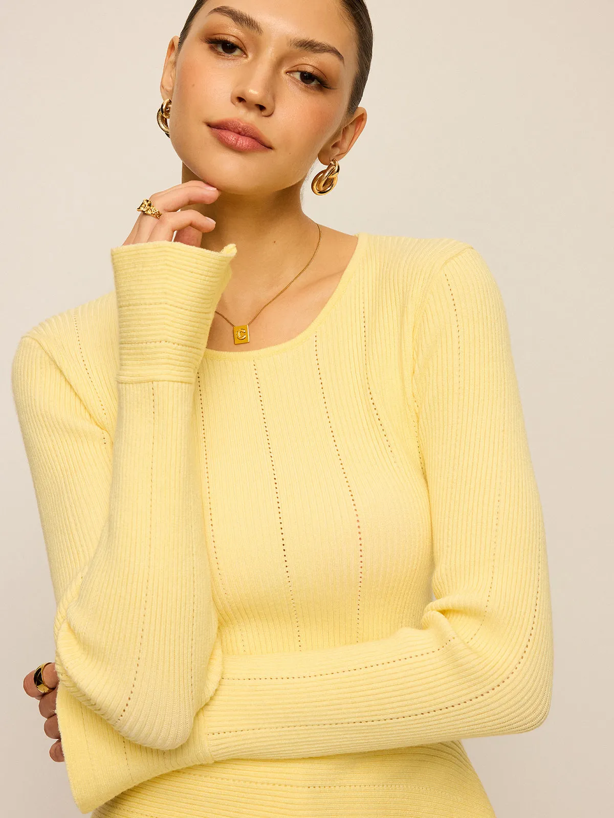 Asymmetric Hem Flare Sleeve Eyelet Sweater sold by COMMENSE product image thumbnail 2