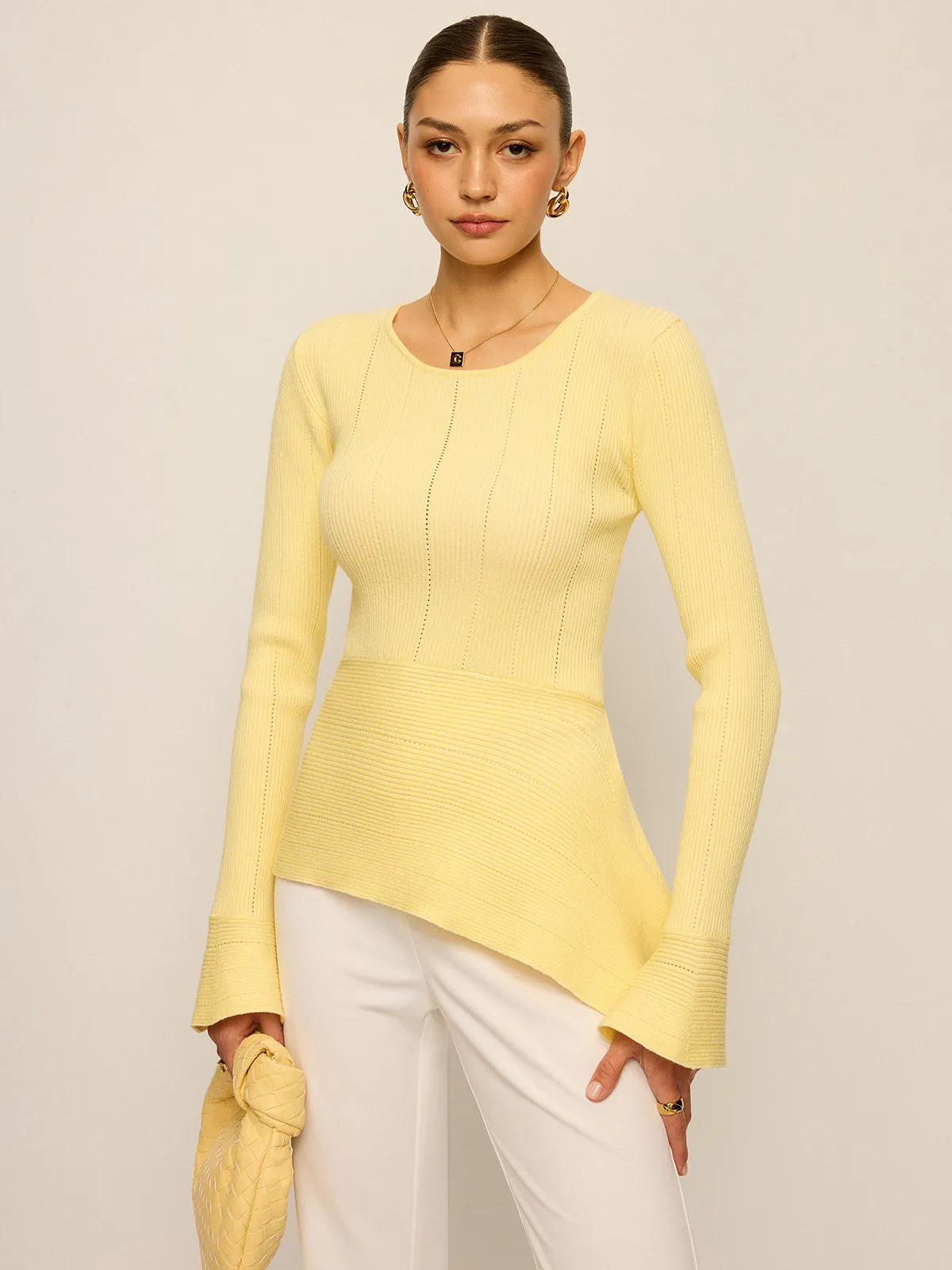 Asymmetric Hem Flare Sleeve Eyelet Sweater sold by COMMENSE