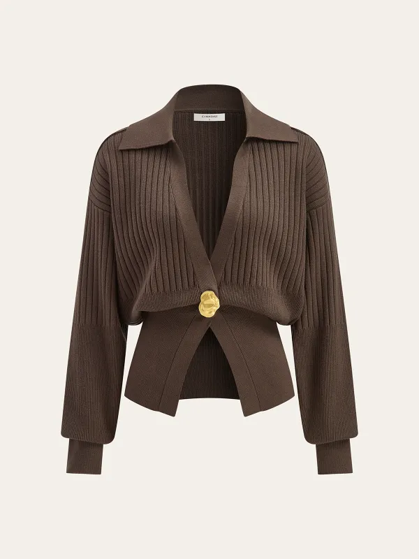 Ribbed Collared Metal Button Cardigan sold by COMMENSE