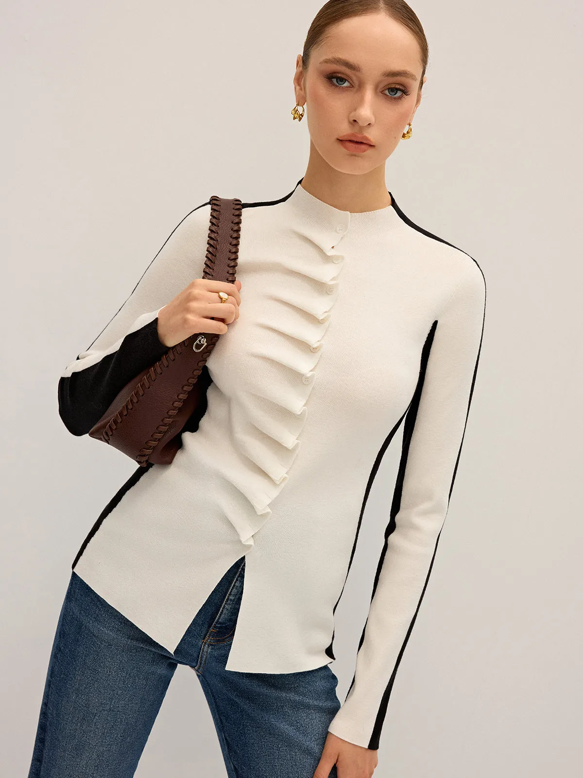 Ruffle Button Fitted Knit Top sold by COMMENSE product image thumbnail 3