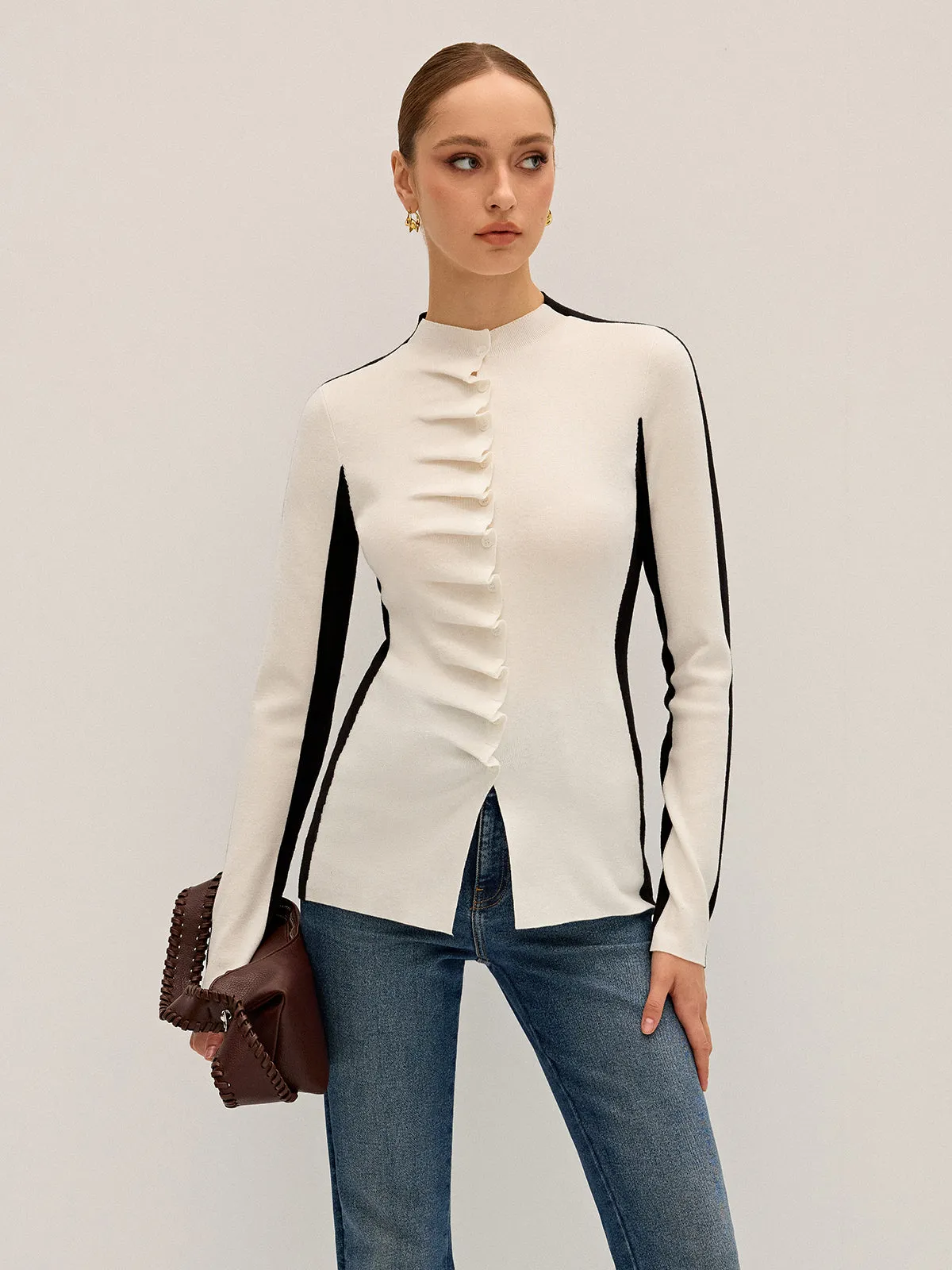 Ruffle Button Fitted Knit Top sold by COMMENSE