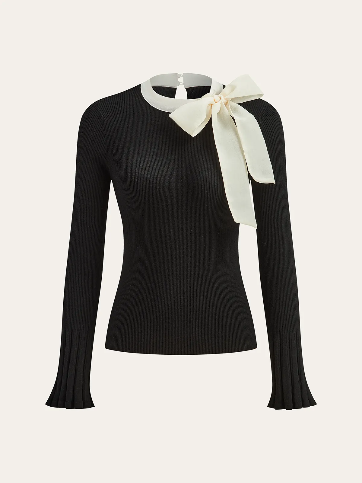 Bow Ribbed Flared Cuff Sweater sold by COMMENSE