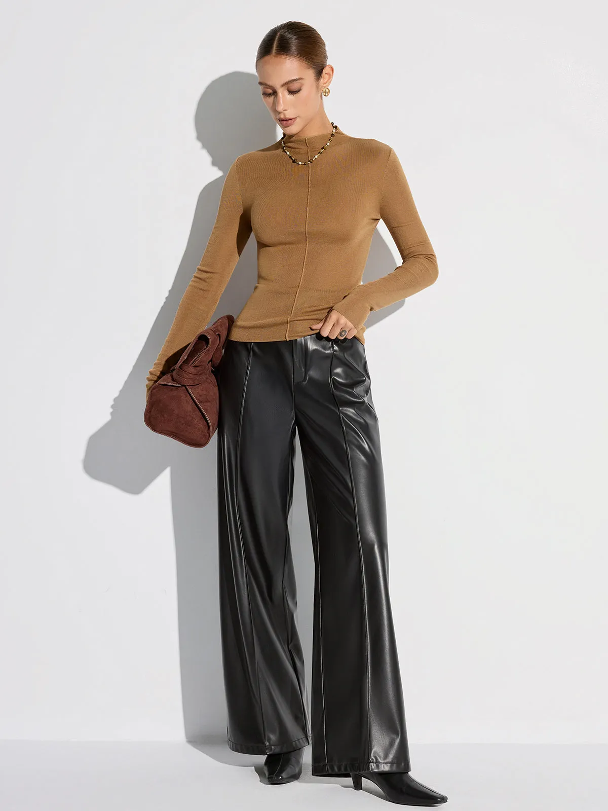 Wool Blend Mock Neck Fitted Long Sleeve Knit Top sold by COMMENSE product image thumbnail 4