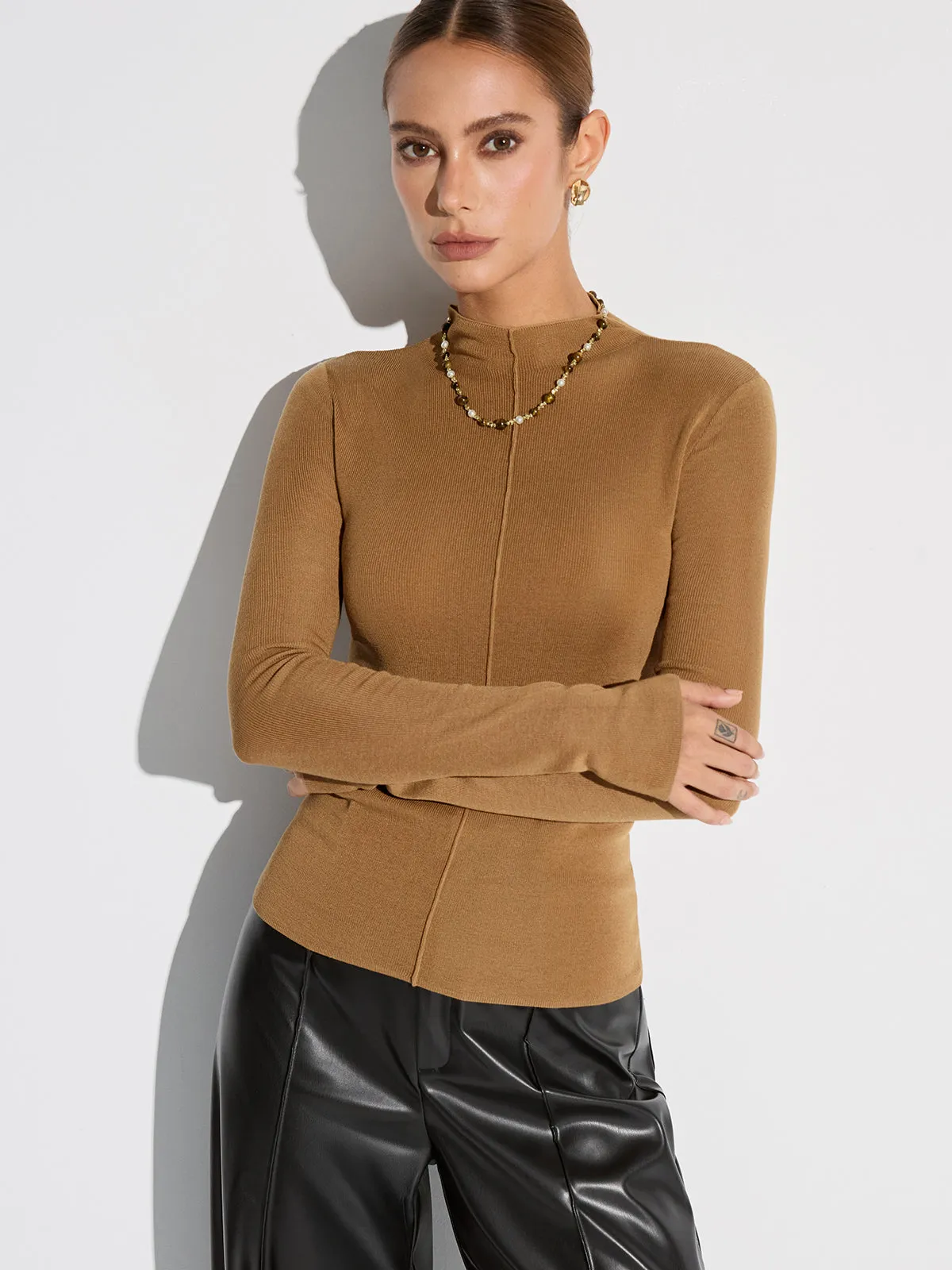 Wool Blend Mock Neck Fitted Long Sleeve Knit Top sold by COMMENSE