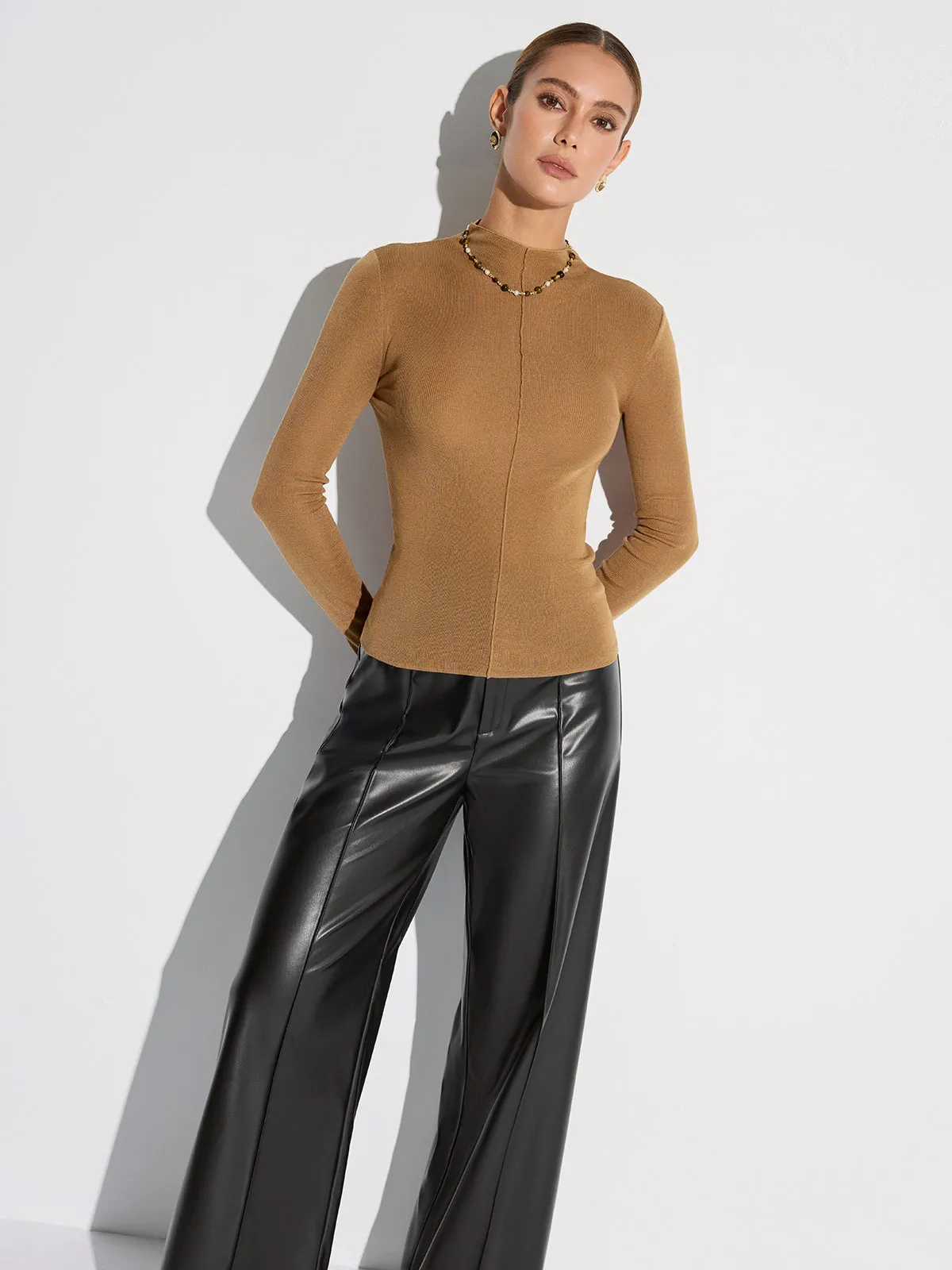 Wool Blend Mock Neck Fitted Long Sleeve Knit Top sold by COMMENSE product image thumbnail 2