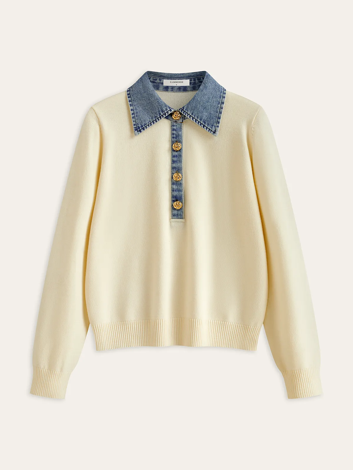 Denim Collar Wool Blend Knit Top sold by COMMENSE