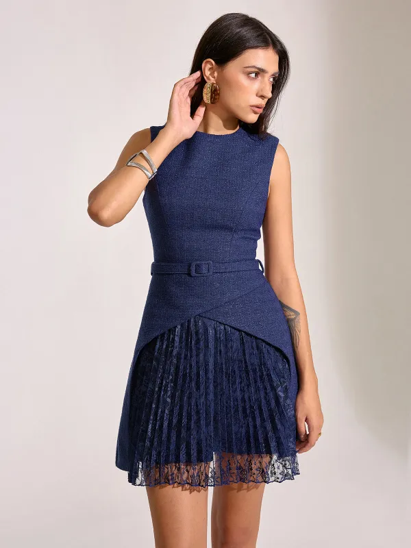 Belted Pleated Lace Mini Dress sold by COMMENSE
