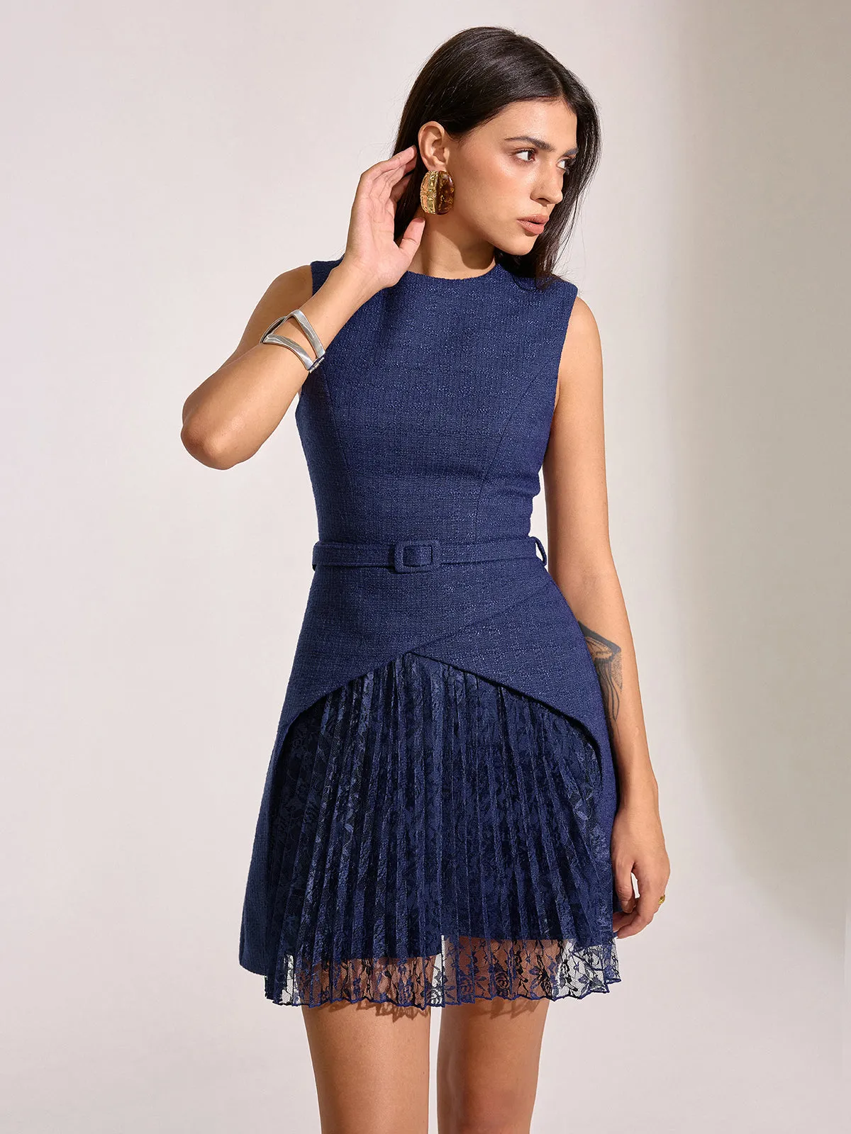 Belted Pleated Lace Mini Dress sold by COMMENSE
