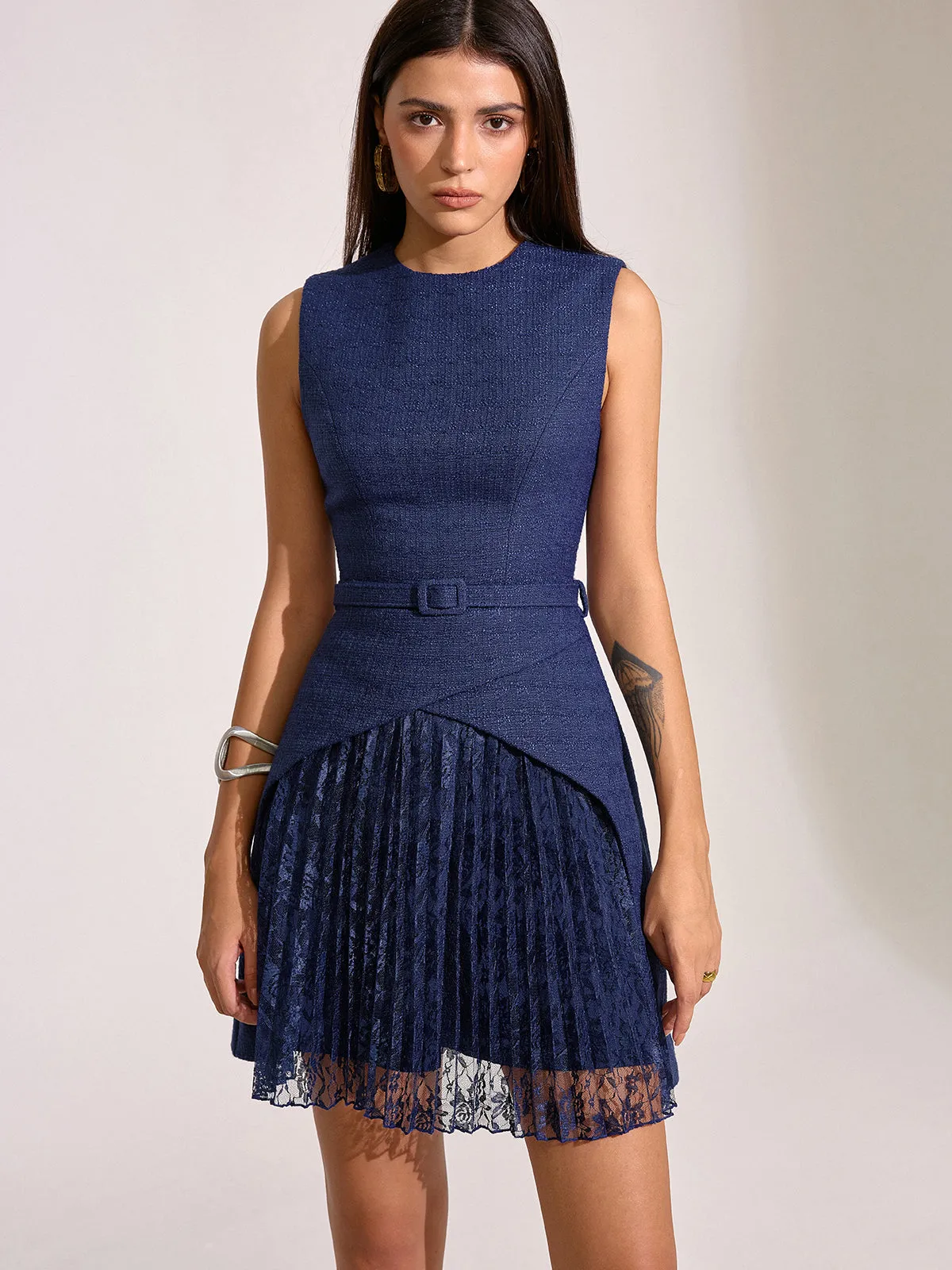 Belted Pleated Lace Mini Dress sold by COMMENSE product image thumbnail 5