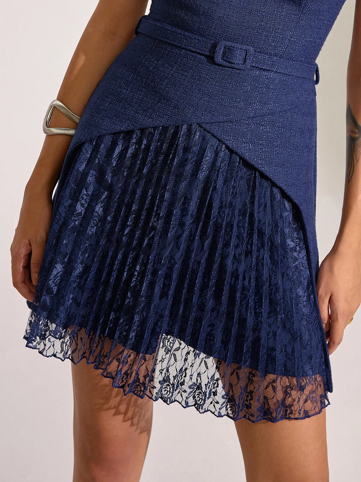 Belted Pleated Lace Mini Dress sold by COMMENSE product image thumbnail 2