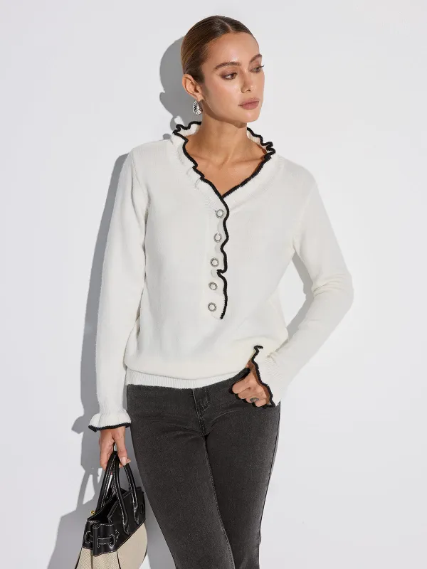 Contrast Ruffle Trim Button Sweater sold by COMMENSE