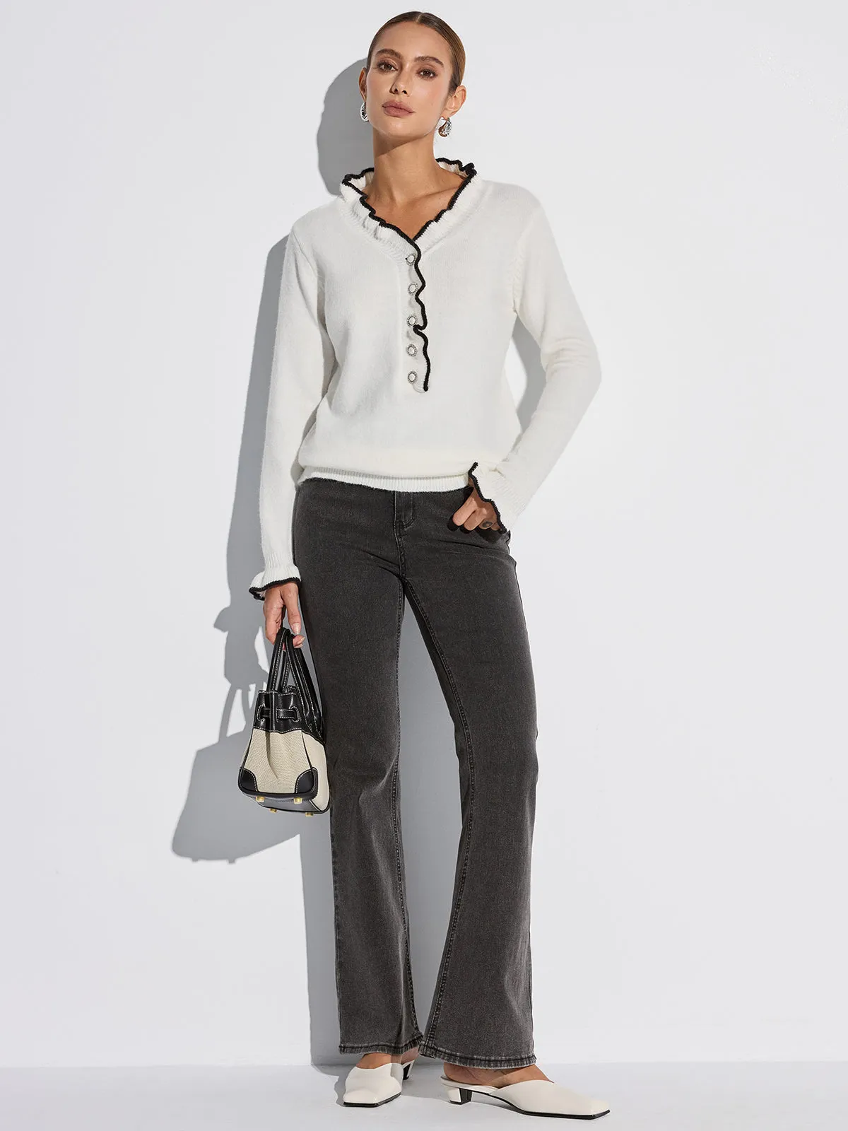 Contrast Ruffle Trim Button Sweater sold by COMMENSE product image thumbnail 2