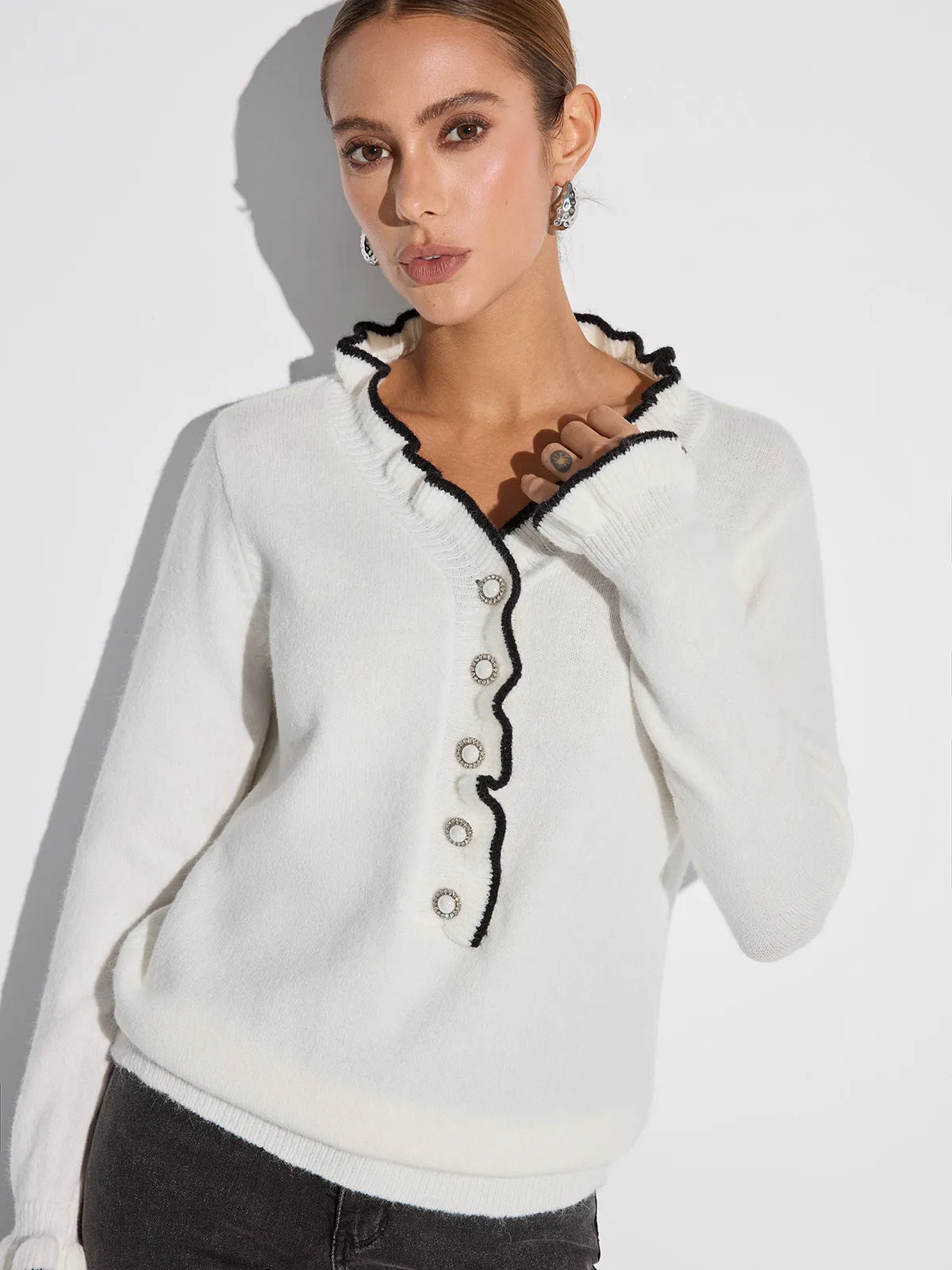 Contrast Ruffle Trim Button Sweater sold by COMMENSE product image thumbnail 3