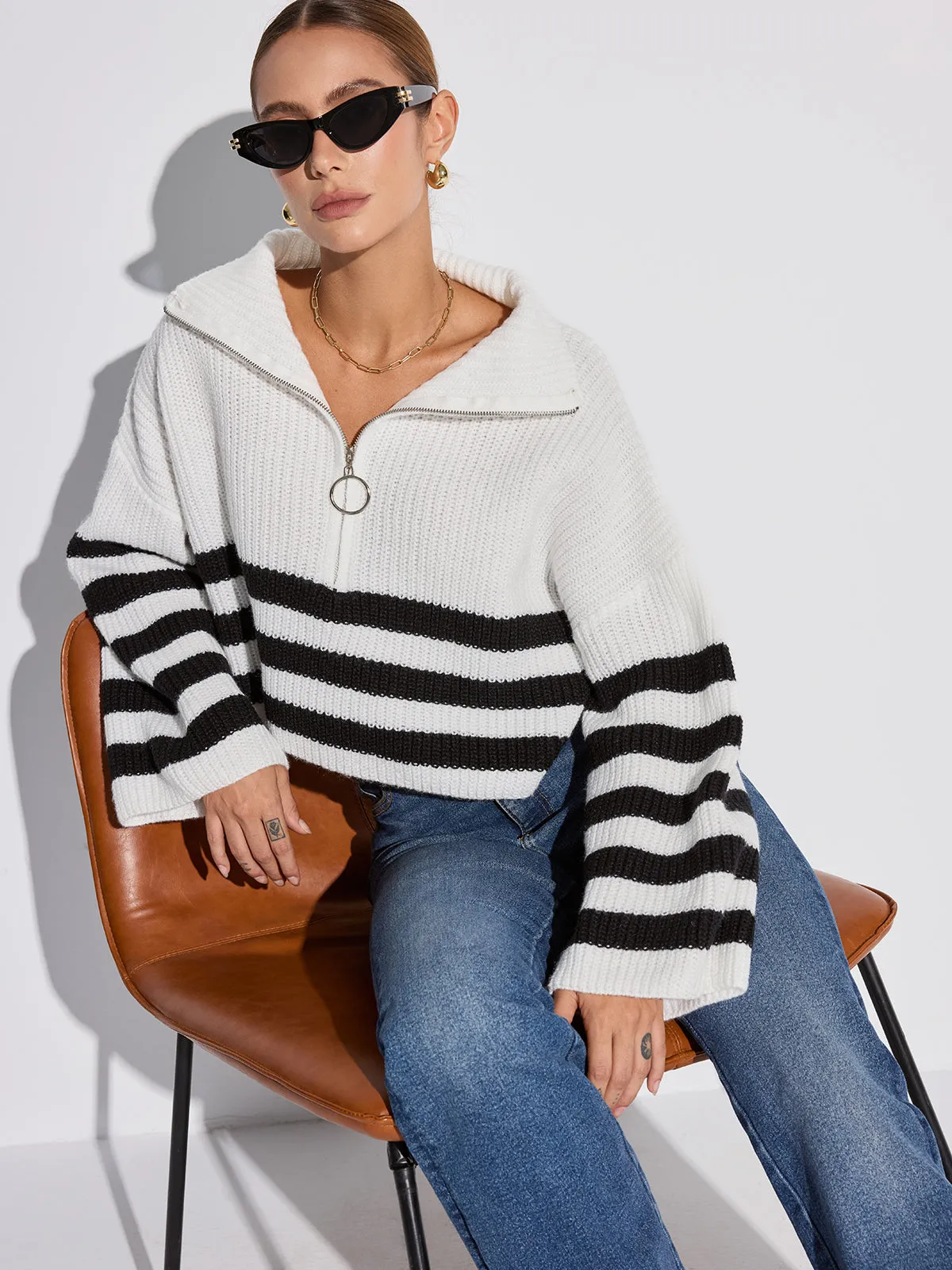 Half-Zip Striped Oversized Sweater sold by COMMENSE product image thumbnail 4