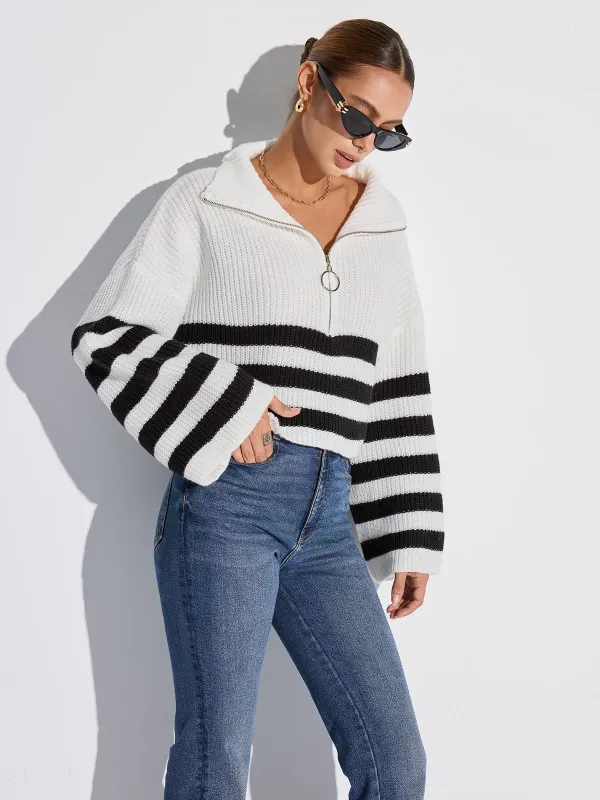 Half-Zip Striped Oversized Sweater sold by COMMENSE