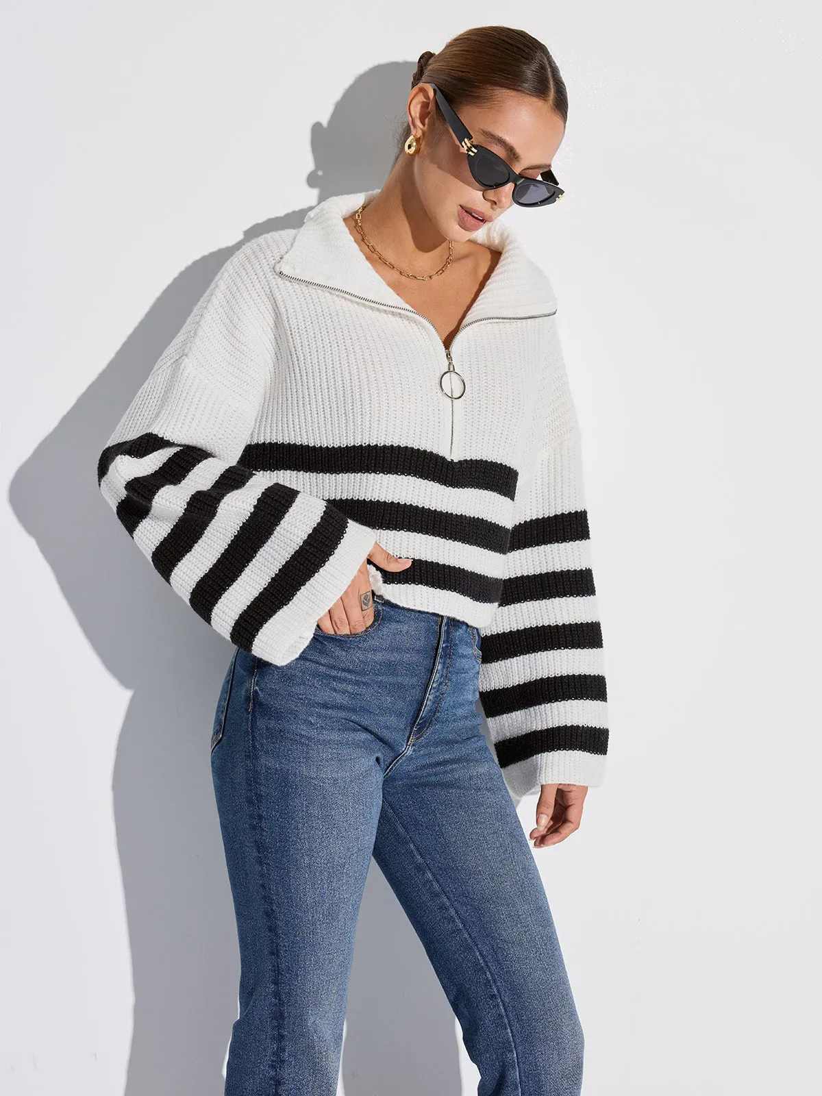 Half-Zip Striped Oversized Sweater sold by COMMENSE