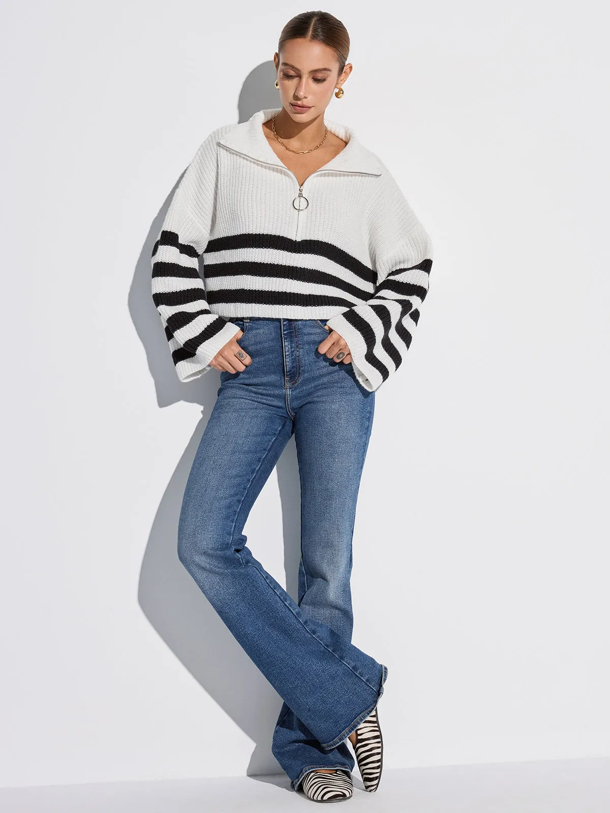 Half-Zip Striped Oversized Sweater sold by COMMENSE product image thumbnail 2