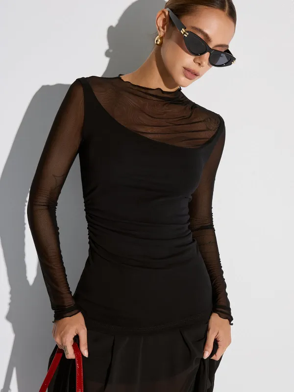 Semi-Sheer Mesh Panel Long Sleeve T-Shirt sold by COMMENSE