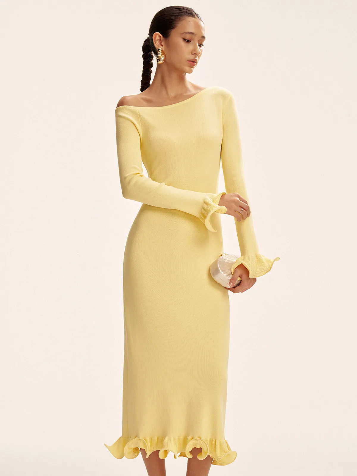 Off-Shoulder Ruffle Hem Sweater Dress sold by COMMENSE product image thumbnail 2