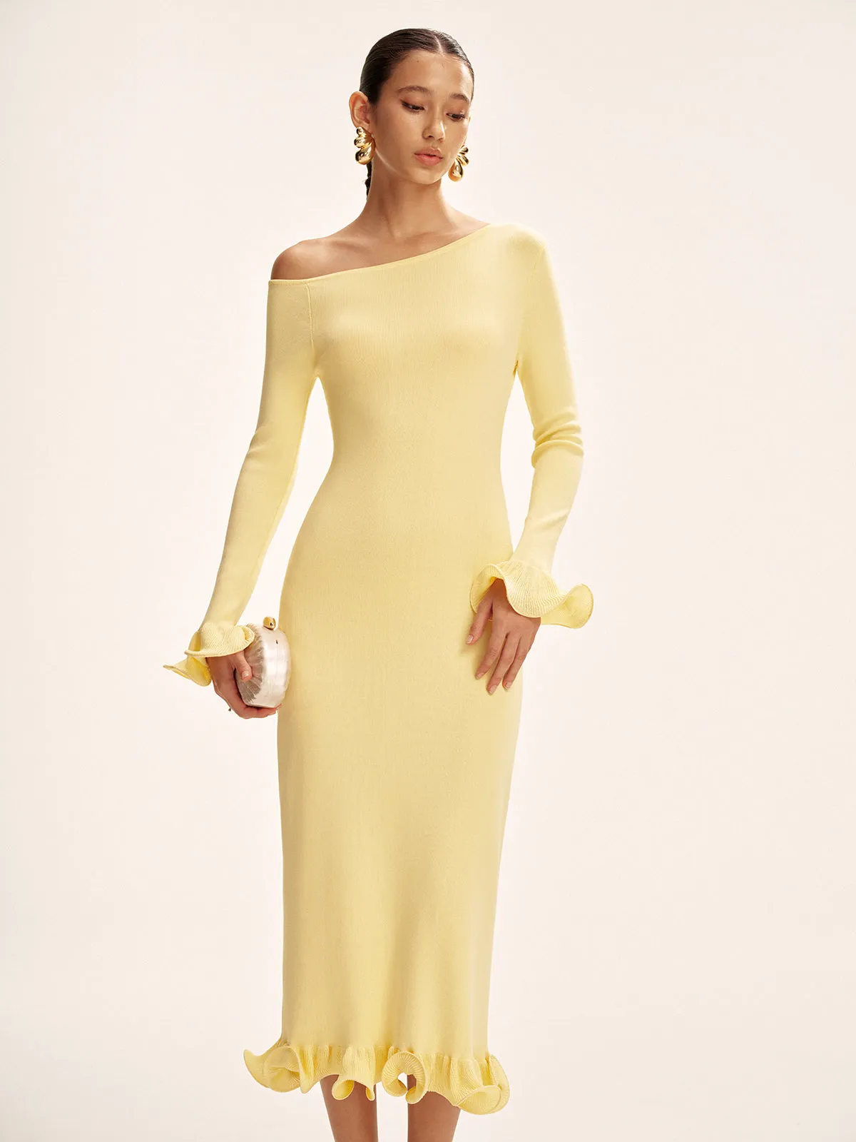 Off-Shoulder Ruffle Hem Sweater Dress sold by COMMENSE product image thumbnail 4