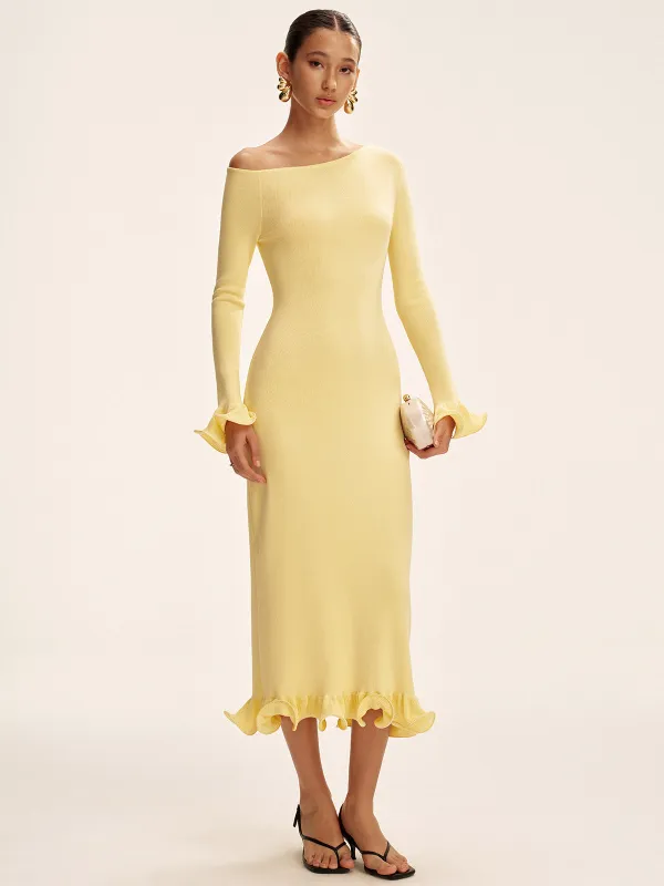 Off-Shoulder Ruffle Hem Sweater Dress sold by COMMENSE