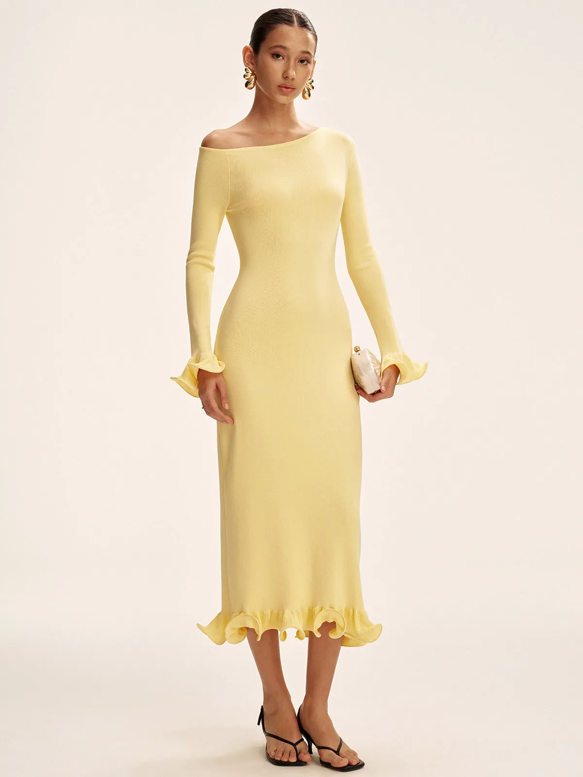 Off-Shoulder Ruffle Hem Sweater Dress sold by COMMENSE