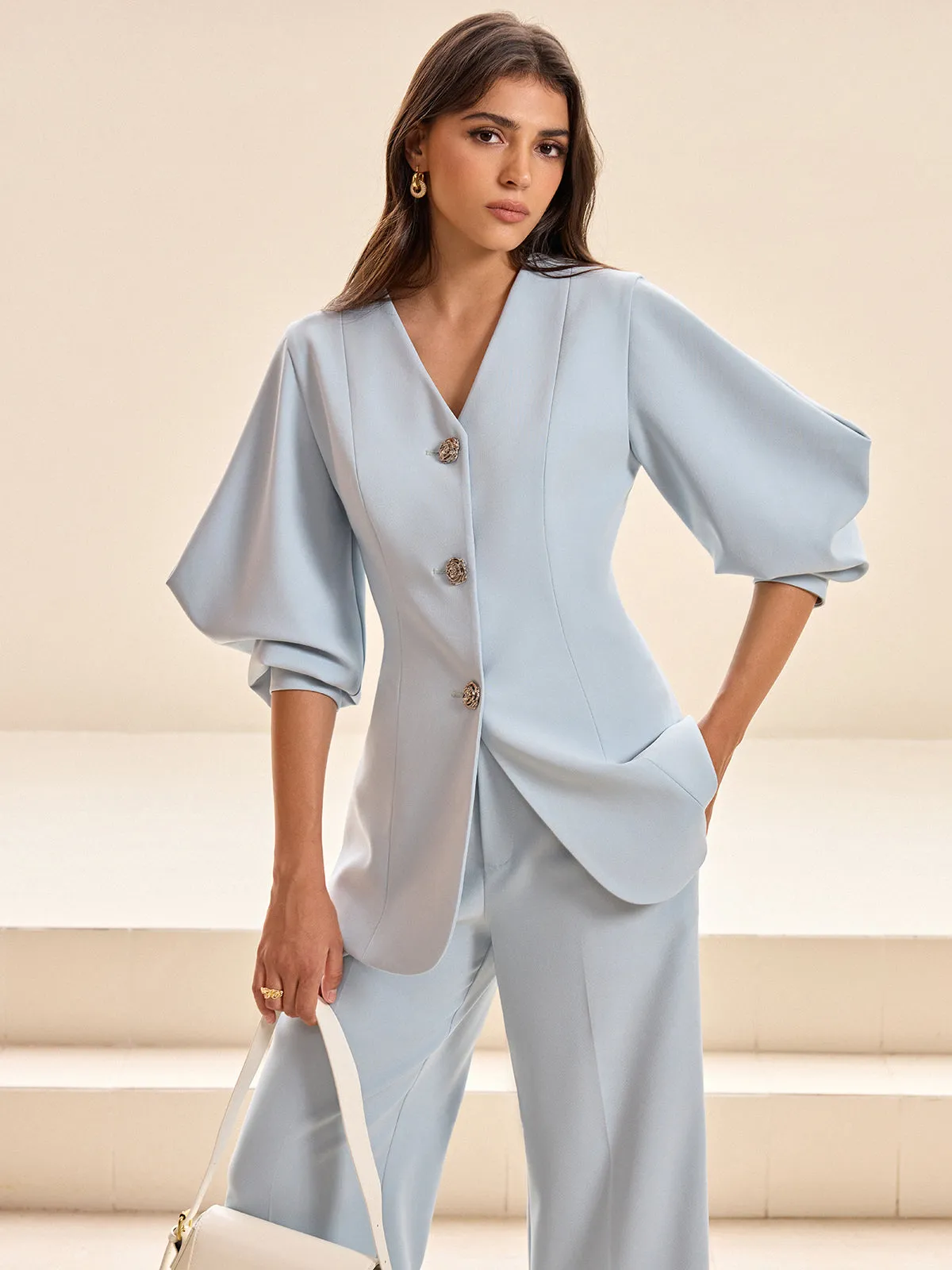 Puffed Sleeve V-Neck Blazer sold by COMMENSE