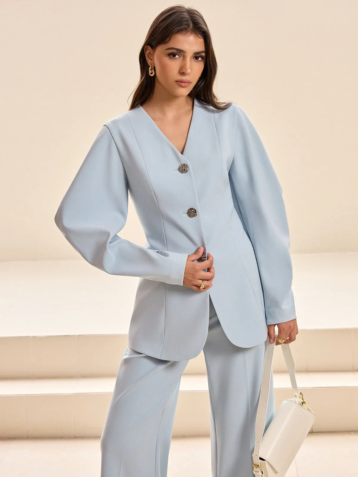 Puffed Sleeve V-Neck Blazer sold by COMMENSE product image thumbnail 5