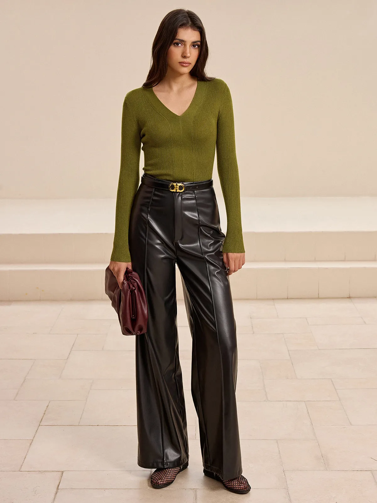 V-Neck Ribbed Fitted Long Sleeve Knit Top sold by COMMENSE product image thumbnail 5