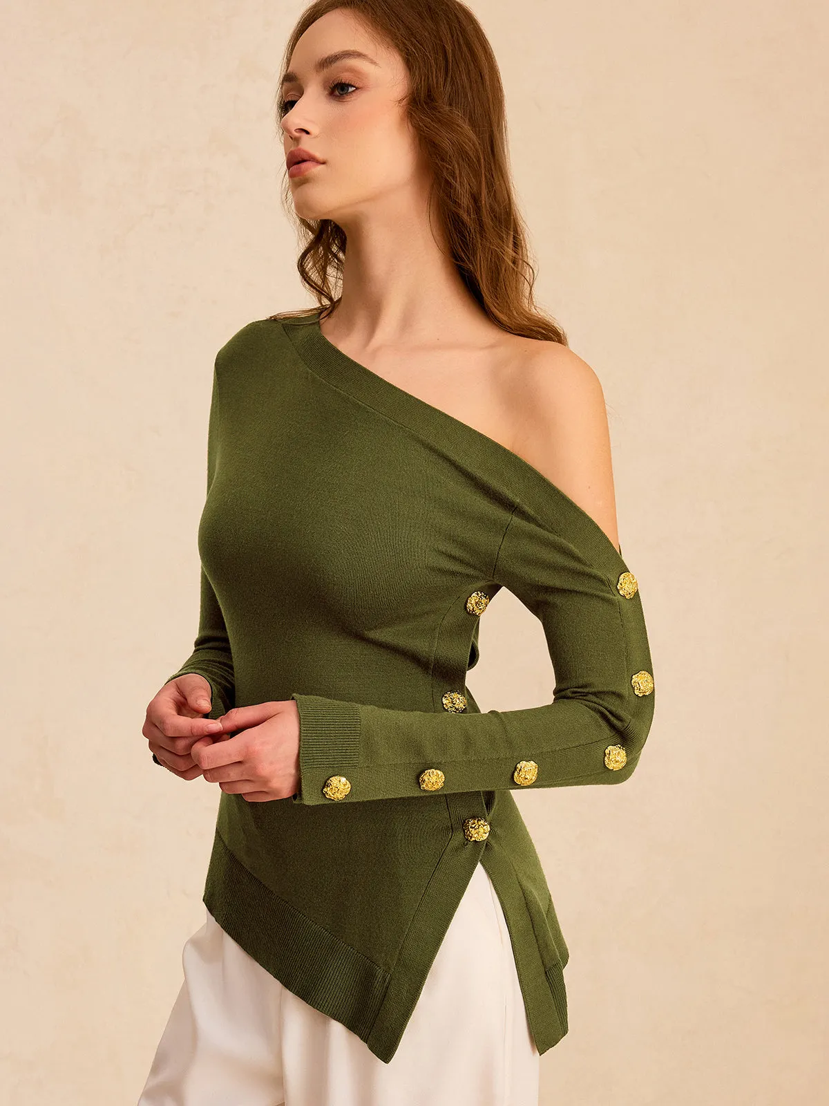 One-Shoulder Metal Detail Asymmetric Knit Top sold by COMMENSE product image thumbnail 5