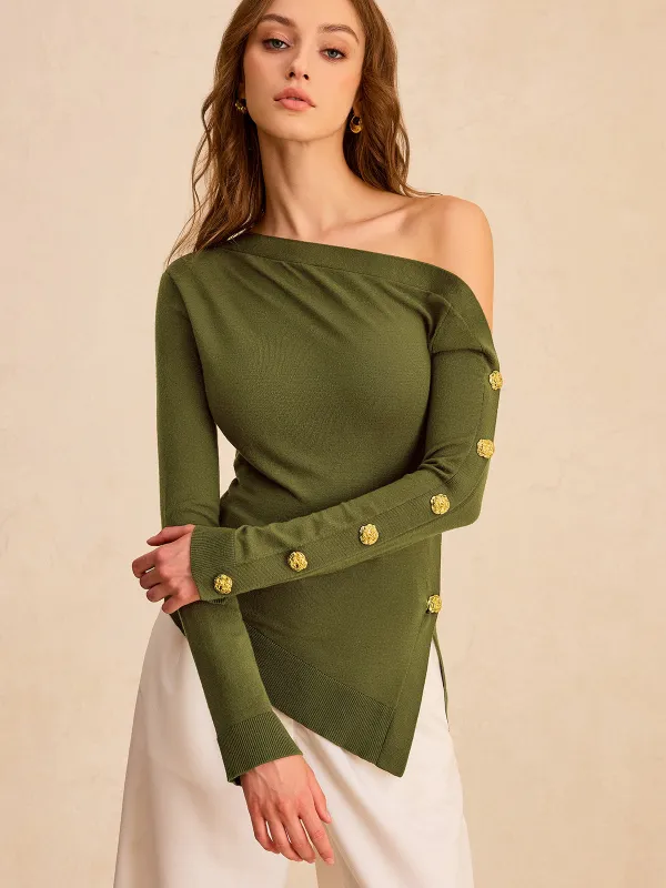 One-Shoulder Metal Detail Asymmetric Knit Top sold by COMMENSE