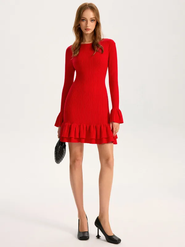 Wool Blend Knit Ruffled Flared Sleeve Mini Dress sold by COMMENSE
