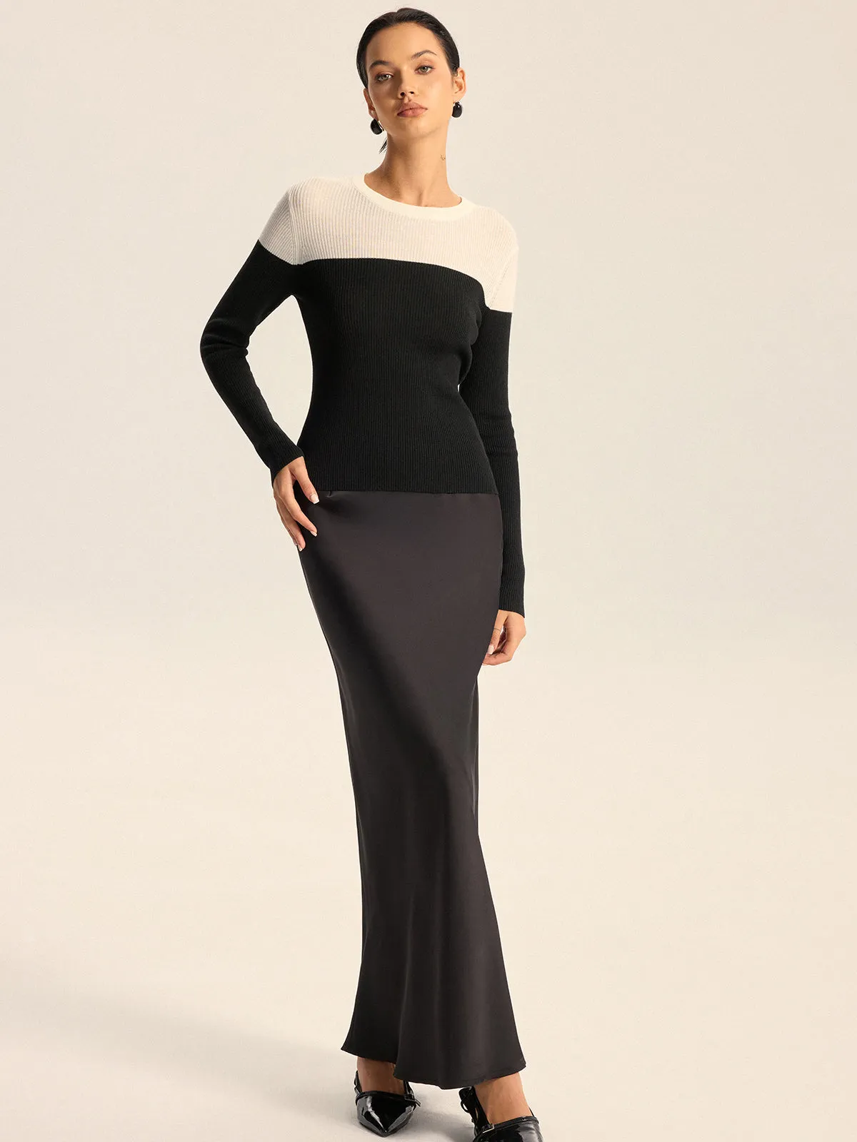 Two-Tone Ribbed Wool Blend Sweater without Belt sold by COMMENSE product image thumbnail 4