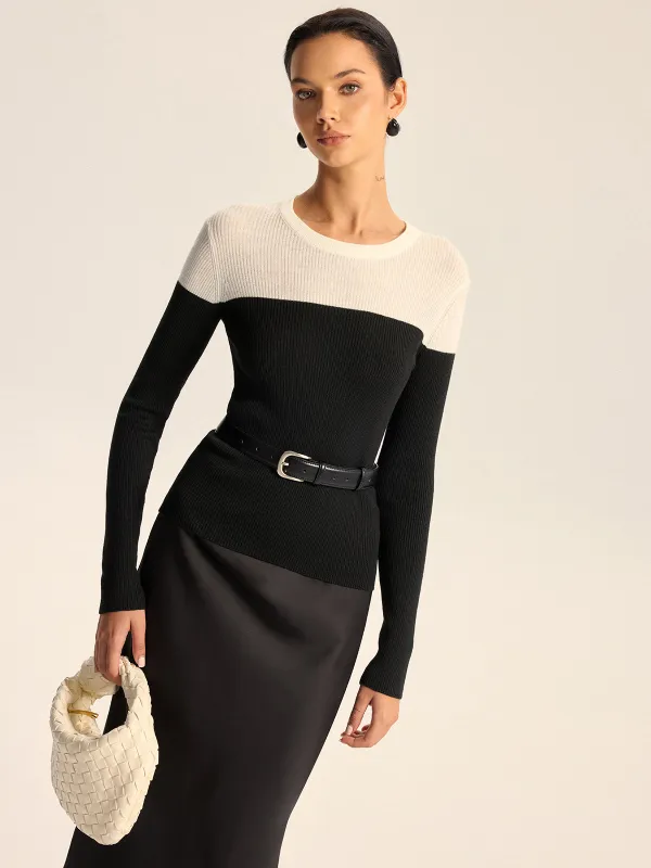 Two-Tone Ribbed Wool Blend Sweater without Belt sold by COMMENSE