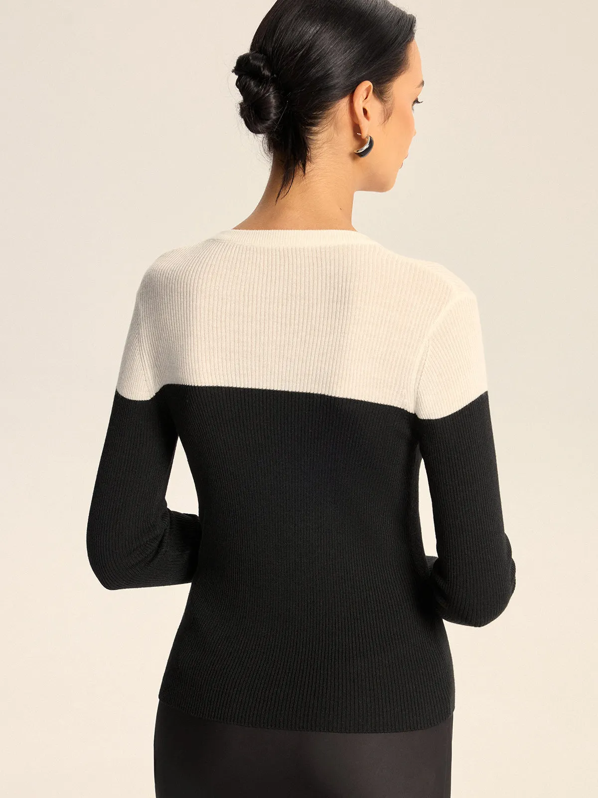 Two-Tone Ribbed Wool Blend Sweater without Belt sold by COMMENSE product image thumbnail 5